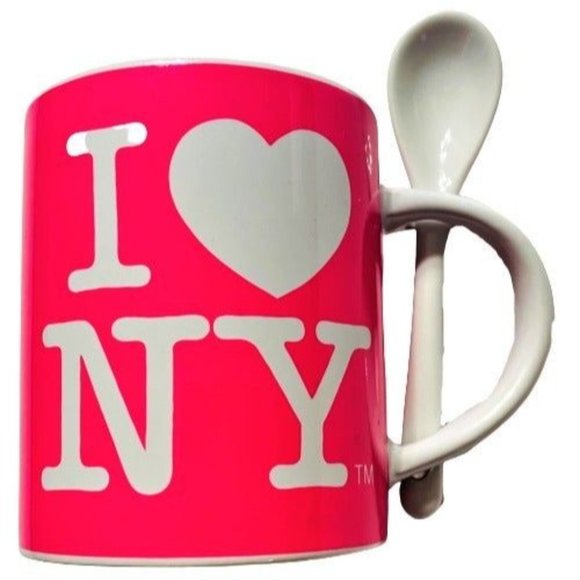 Souvenir I Love New York Pink Ceramic Coffee Mug with Spoon All Over Print - Picture 1 of 6